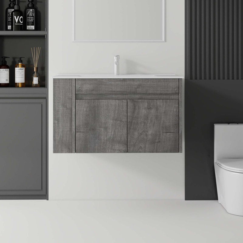 Meuble-lavabo flottant avec portes à fermeture en douceur et lavabo en céramique, Gris