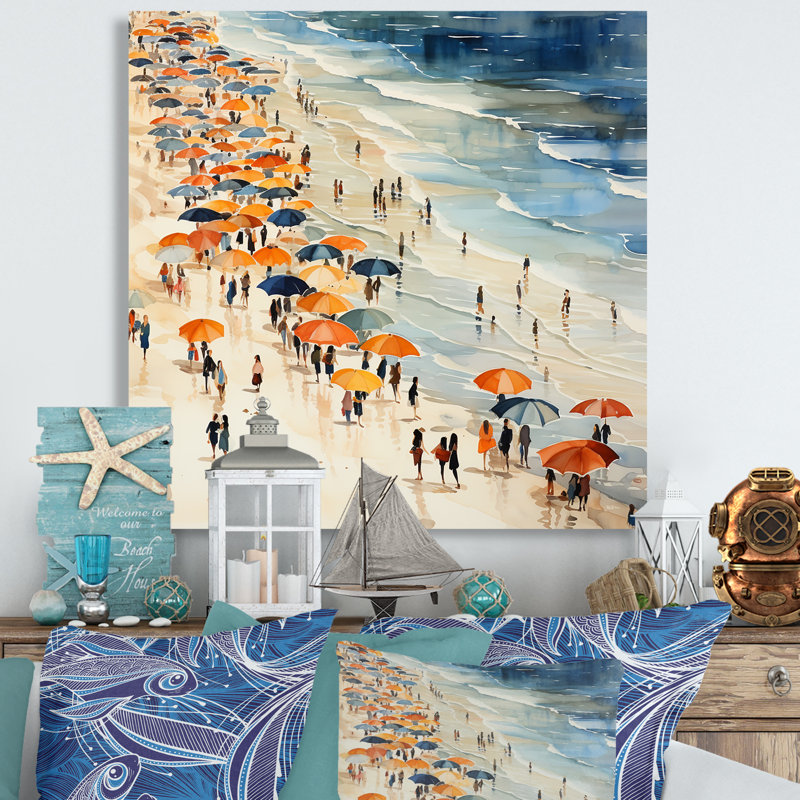 Parasol orange, jour de plage, tranquillité III - Beach People, art mural, Toile tendue, H 36 po x l 36 po x P 1,5 po