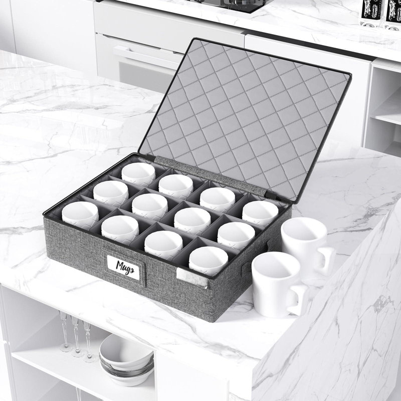 Cup And Mug Storage Box With Hard Shell And Dividers For Coffee Mugs, Tea Cups And Glasses Stackable Storage Organizer With Lid , Zipper And Handles, Holds 12 For Packing And Moving, 2 Pack, Grey