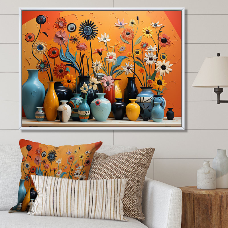 «Orange Boho Pottery Expressions II», art mural Boho, H 16 po x l 32 po x P 1 po, Cadre flottant brun