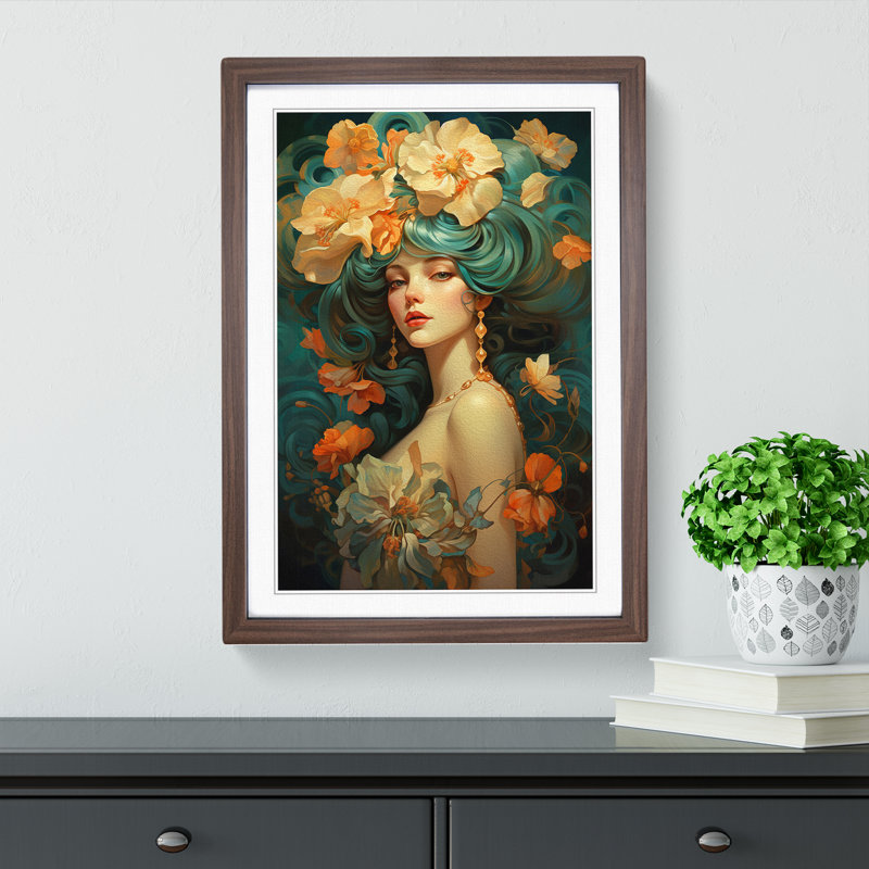 Floral Art Deco No.2 - Framed Print, Walnut Framed, 34cm H x 25cm W