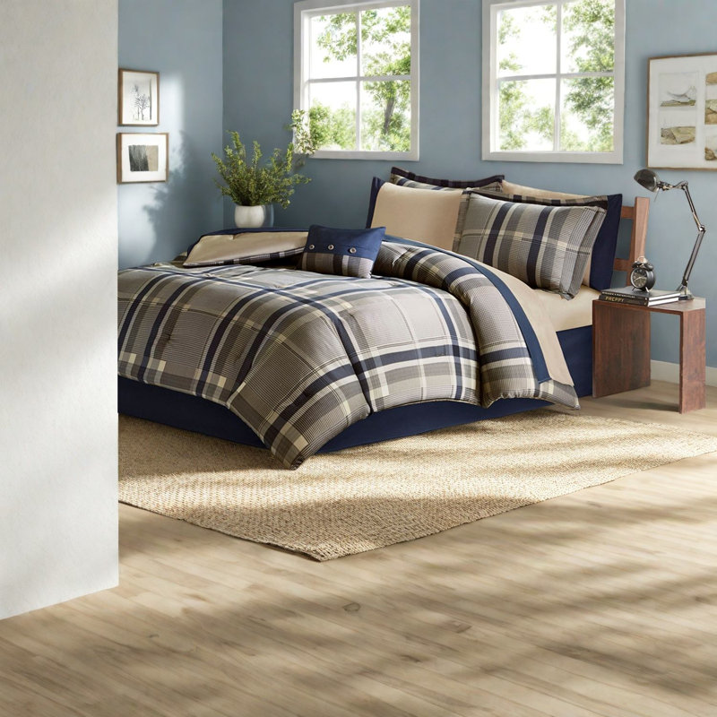 Ensembles de literie écossais bleu marine, ensemble d'édredon simple en polyester avec draps, décor moderne
