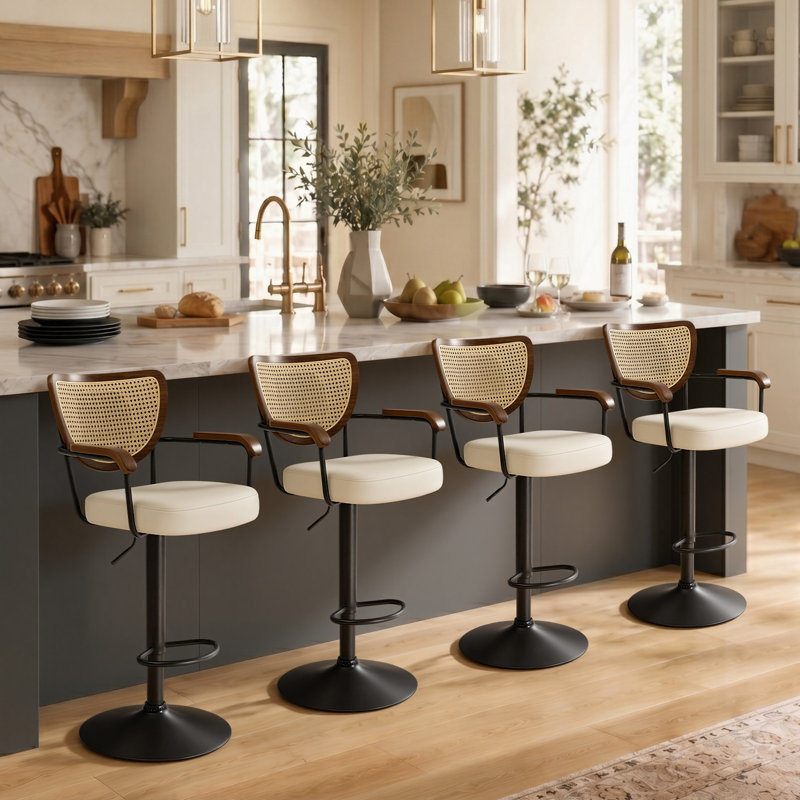 Tabouret de bar pivotant avec dossier rembourré et large rembourré de style Mid-Century avec assise rembourrée et base ultra-stable de 17,7 po (ensemble de 4)