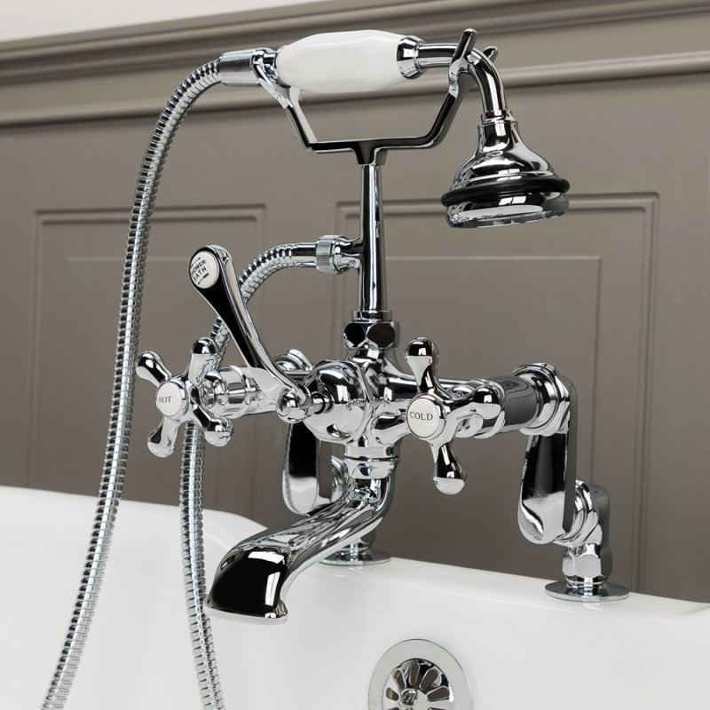 3 Handle Deck Clawfoot Tub Faucet with Diverter, Polished Brass