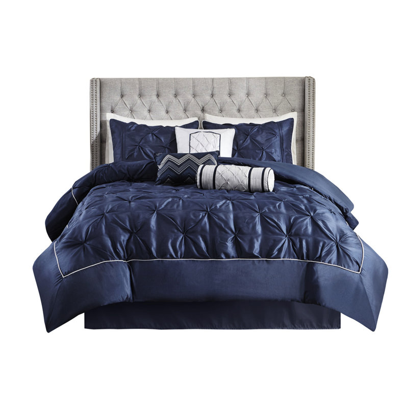 Magnifique literie grand bleu marine, 7 pièces avec édredon et coussins décoratifs
