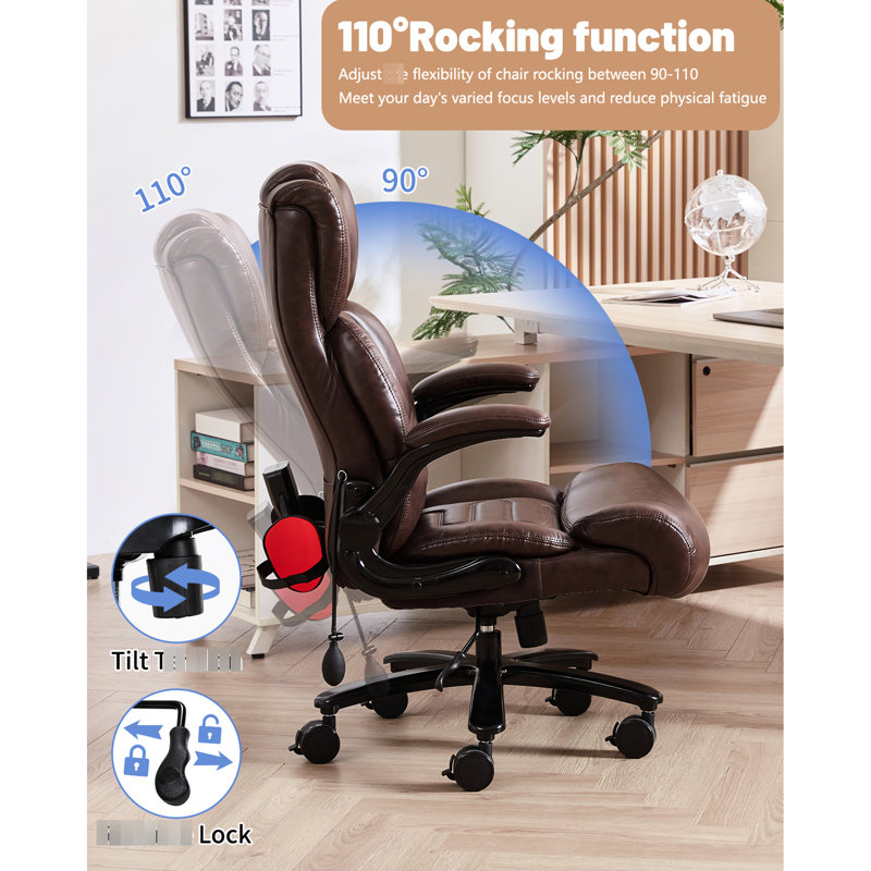 Grande et haute chaise de bureau à haut dossier avec exerciseur intégré pour les cuisses, soutien lombaire réglable pour le confort, structure en métal, cuir synthétique, option de réglage de la bascule, conception, prévention de la douleur, lourd