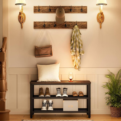 Hall Tree Entryway Storage Bench, Coat Rack Shoe Bench, Shoe Rack Organizer With Coat Hooks, 3-In-1 Design, Wooden Furniture With Metal Frame by 17 Stories
