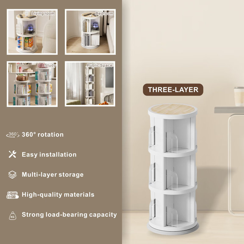 Bibliothèque rotative, étagère multicouche, petite empreinte au sol, facile à installer, fabriquée en plastique durable, convient pour le bureau, la chambre à coucher, le salon, le support à 3 couches de la bibliothèque