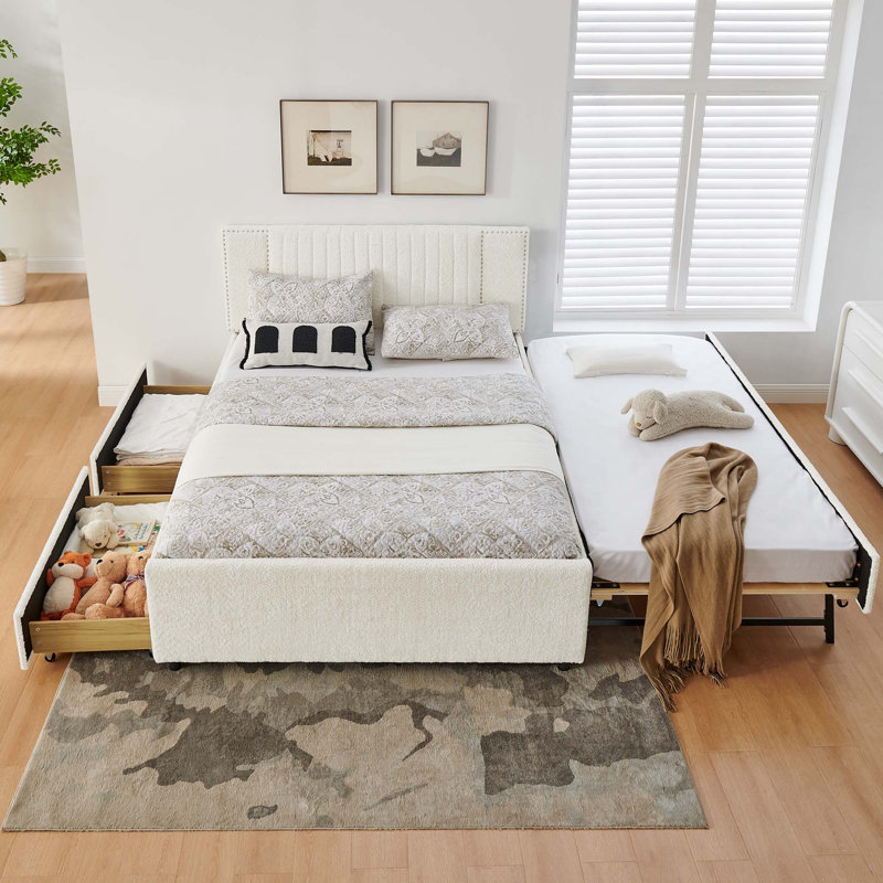 Lit rembourré avec 2 tiroirs de rangement et lit gigogne escamotable, Beige, Queen