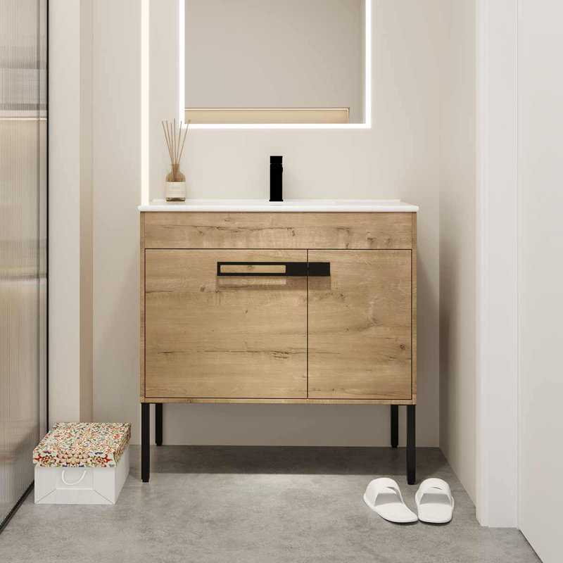 Meuble-lavabo simple 36 po avec plateau en céramique Jeovan, Chêne