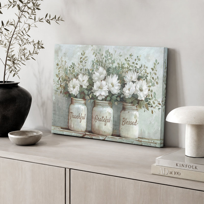 «Thankful Grateful Blessed Inspirational Green Floral Rustic Mason Jar», grande impression sur toile, H 16 po x l 24 po