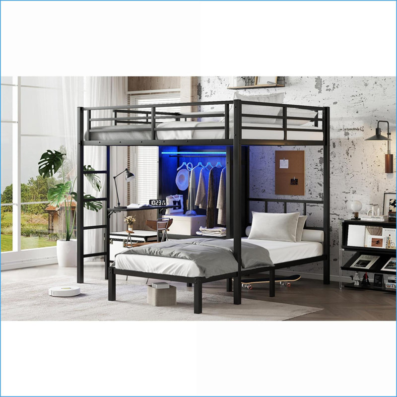 Full XL Over Twin Metal Bunk Bed with Foldable Desk &amp; LED Closet, Noise-Reduced, Black