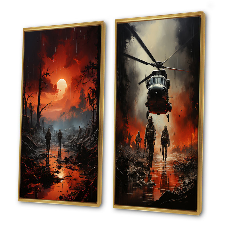 Ensemble de 2 décorations murales abstraites sur le champ de bataille militaire, Encadrement doré, H 28 po x l 25 po