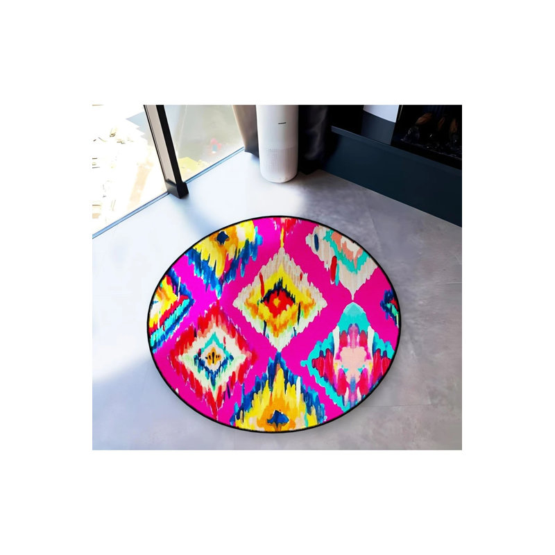 Pink Multicolored Shapes Woven Base Modern Decorative Rug, Round 2'8"