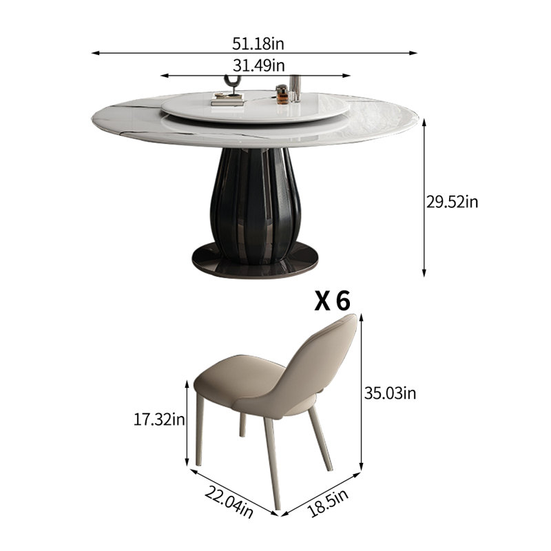 Artificial marble marble round dining table set, 7, 29.52" H x 51.18" L x 51.18" W