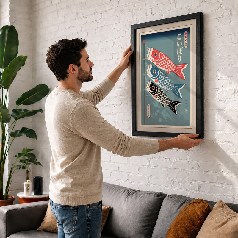 Koinobori Celebration Japandi - Framed Print, A3 - 42.0 x 29.7 cm, White