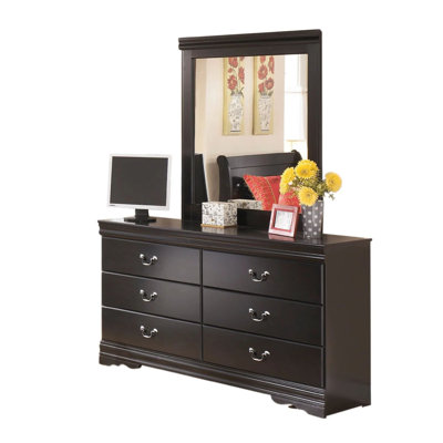 Ensemble de commode et miroir 2 pièces Yara, poignées rabattables 6 tiroirs, brun foncé Yara