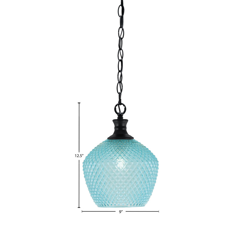 Pendentif Zola à chaîne, 23 cm, en verre texturé turquoise, Noir mat