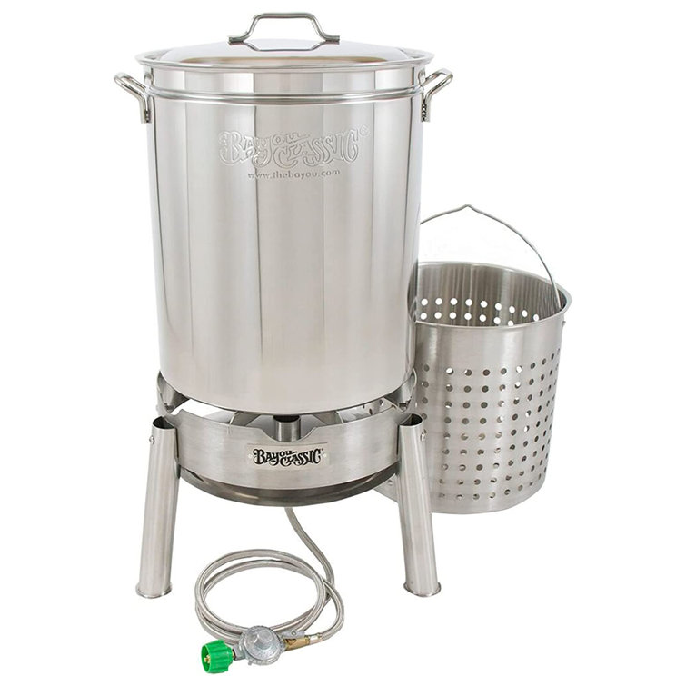 Bayou Classic 10-Quart Stainless Steel Lidded Kitchen Deep Frying Pot with  Handles, Fry Perforated Basket, and Thermometer, Silver