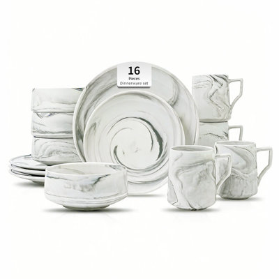 HomeVSS Fine China Artisan Marbled Dinnerware Set, 16-Piece Set for 4