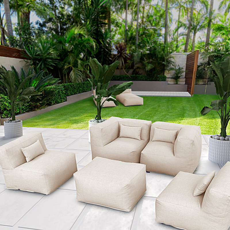 outdoor 4 piece foam filled modular bean bag patio conversation set, stain resistant olefin fabric outdoor sectional