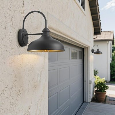 2-Pack Matte Black Gooseneck Barn Lights - Outdoor Wall Sconces with Brass Interior, Weatherproof Farmhouse Lighting for Patio, Porch & Garage