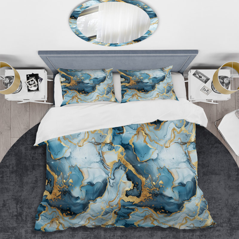 Blue Gold Marble - Ensemble de housse de couette en marbre, Housse de couette pour grand lit + 2 taies décora