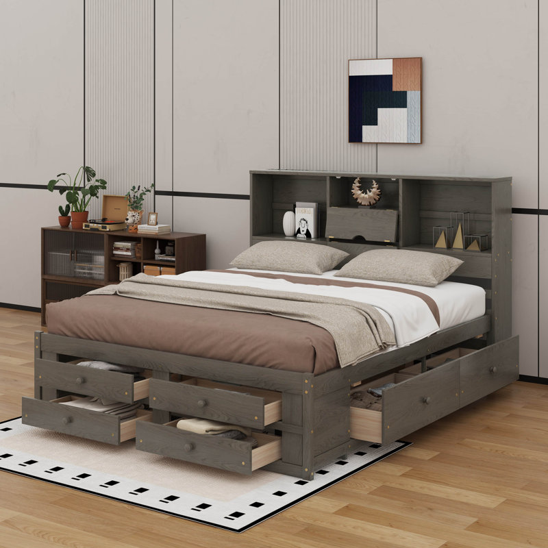 Très grand lit plateforme avec tête de lit et tiroirs, Gris, Très grand lit