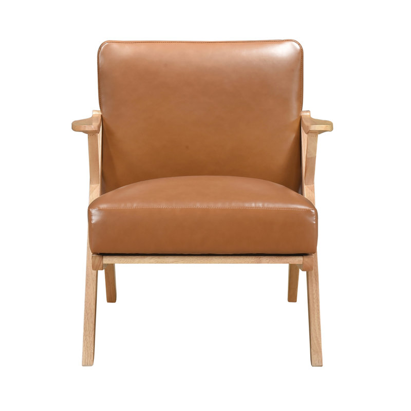 Chaise d'appoint de salon avec revêtement en similicuir brun et structure en bois d'hévéa, Brun, Naturel