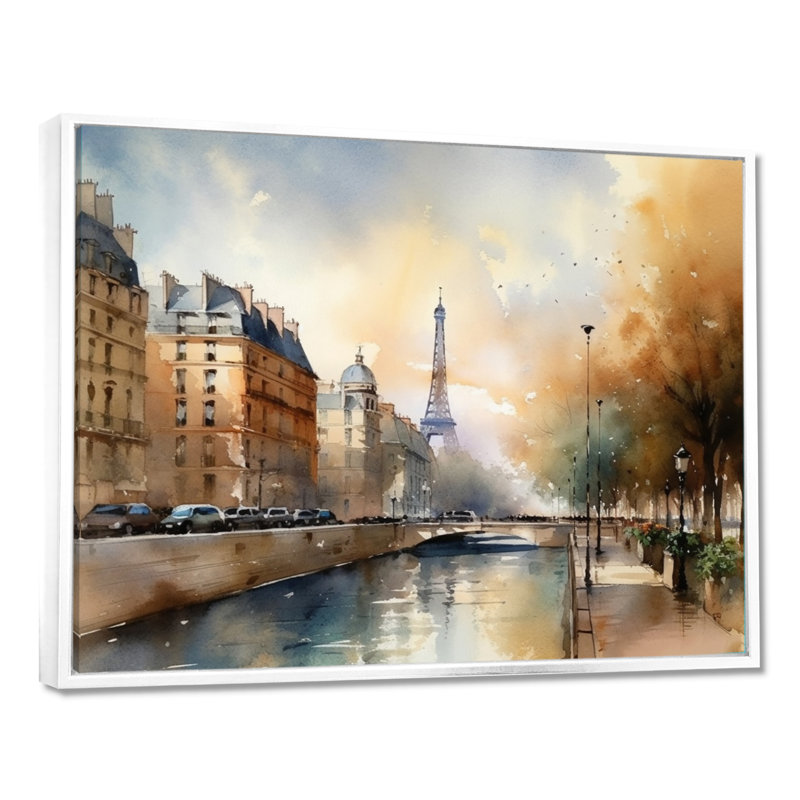 «Beautiful Pastel Paris Scenery», art mural sur toile Paris, H 24 po x l 32 po x P 1 po, Cadre flottant blanc
