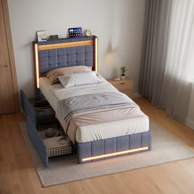 Linen-upholstered bed with LED lighting and 4 metal drawers