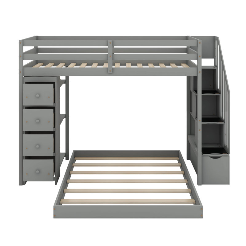 Lit simple superposé au dessus d'un lit double avec tablettes, tiroirs et escaliers, Gris
