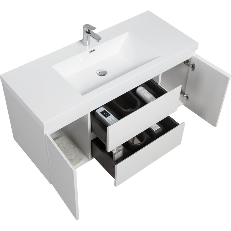 Floating Bathroom Vanity with Resin Basin and Soft-Close Drawers, White/White