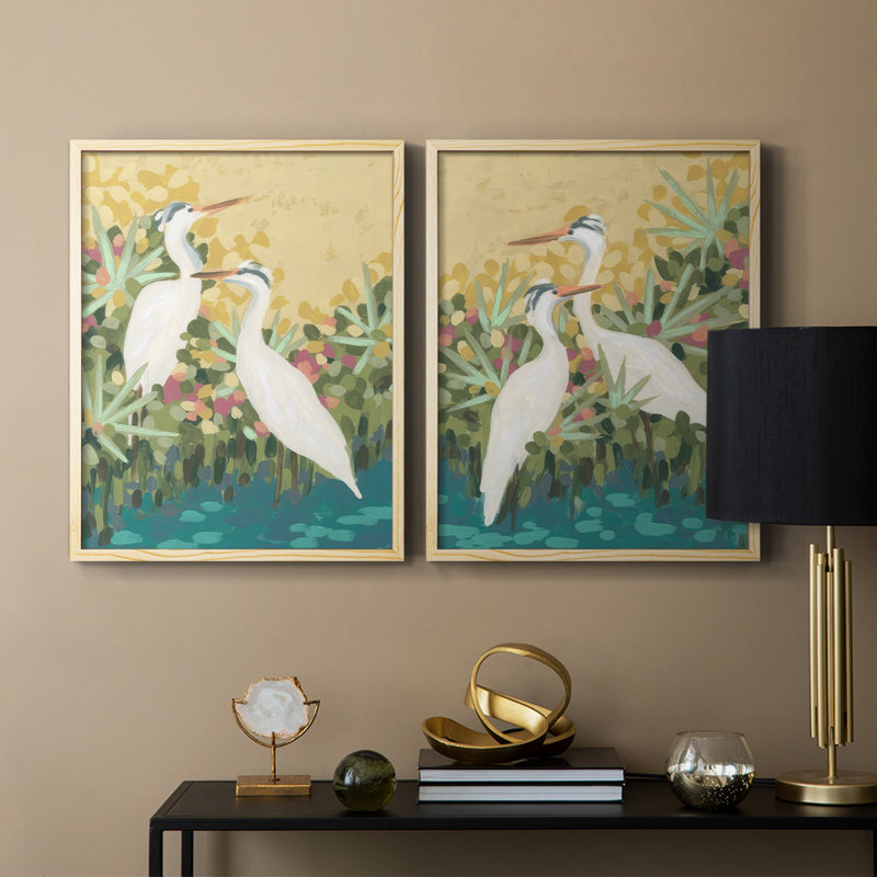 Reproduction encadrée Heron Lagoon I-Premium - prête à être accrochée - aucun clou requis - aucun clou requis, Bois naturel