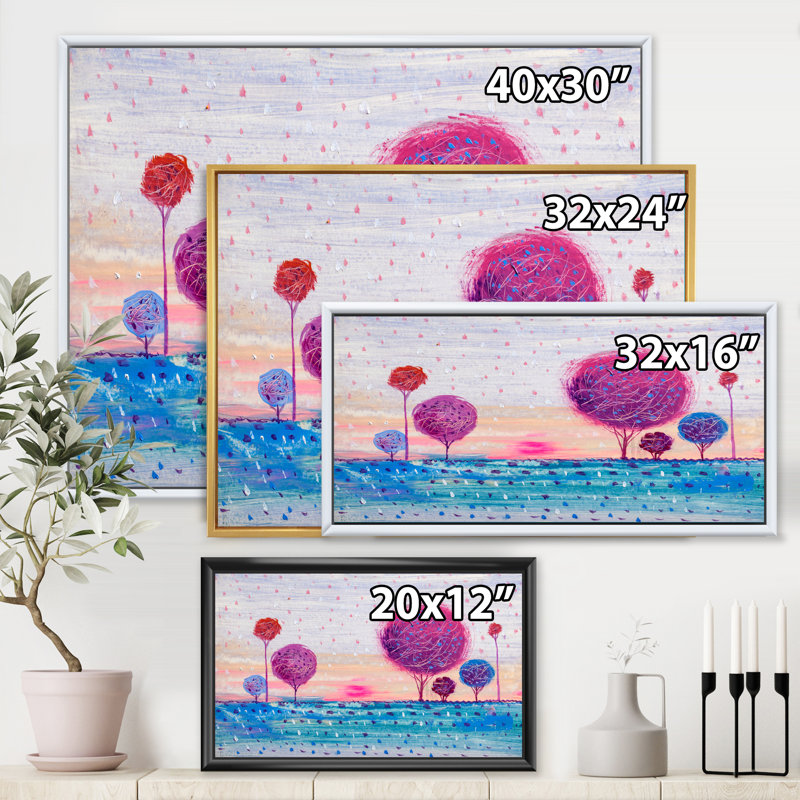 Impression d'arbre de couleur mauve II - peinture sur toile, H 16 po x l 32 po x p 1 po, Cadre flottant noir