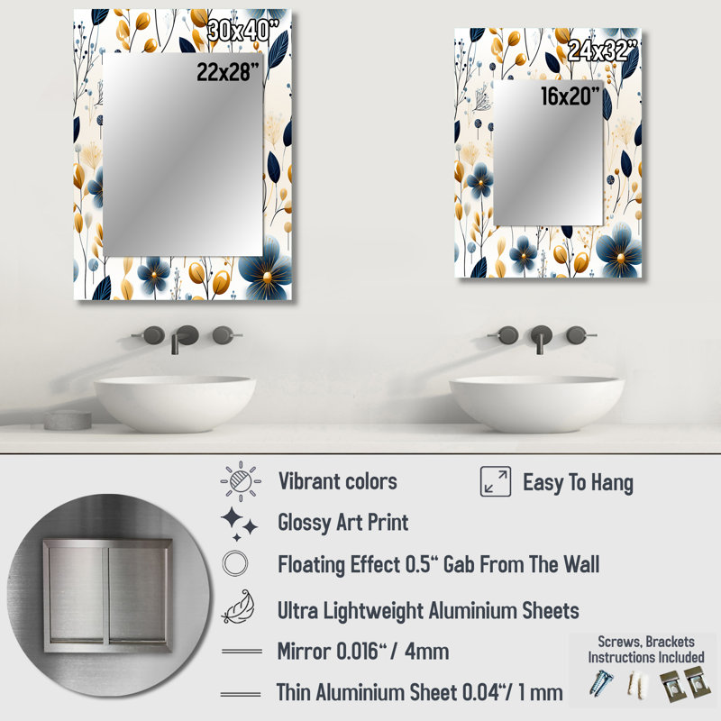 Kaylee, motif floral de charme minimaliste en bleu - miroir mural floral unique, 40 po x 30 po