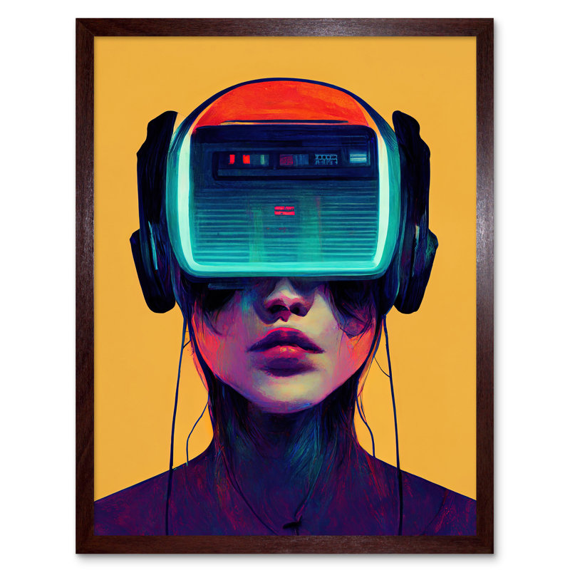 Gamer Gaming VR Videogame Headset Woman - Print, 43cm H x 33cm W x 2cm D, Brown Framed Paper