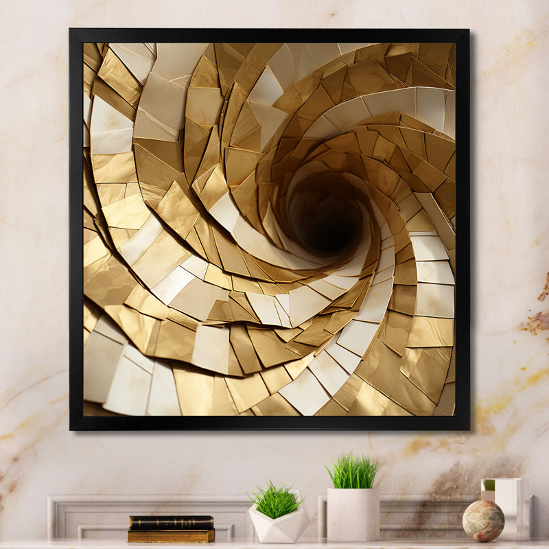 Spirale abstraite moderne en marbre blanc et or I, Cadre simple noir, H 16 po x l 16 po x P 1 po