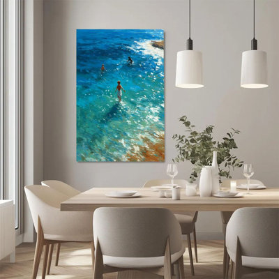 Art mural sur toile encadré en 2 dimensions, jeu au bord de la mer, eau de mer transparente et silhouette de personnages, impression sur toile impressionniste, reproduction d'art sur toile, décoration murale, cadeau idéal, prêt à accrocher