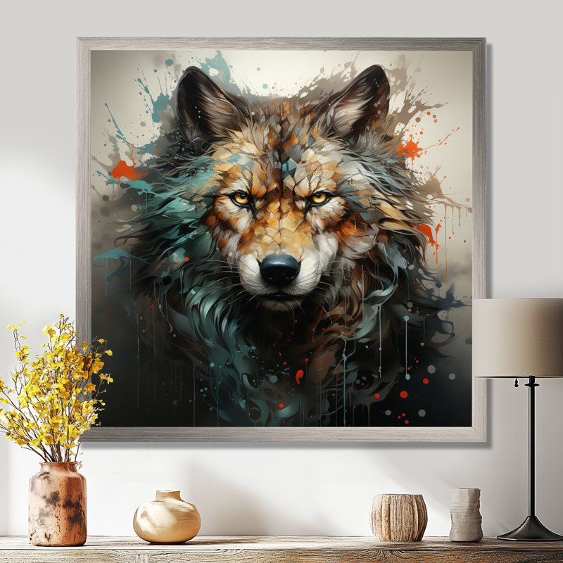 Portrait de loup solitude I - loup, art mural, Cadre simple argenté, H 16 po x l 16 po x P 1 po