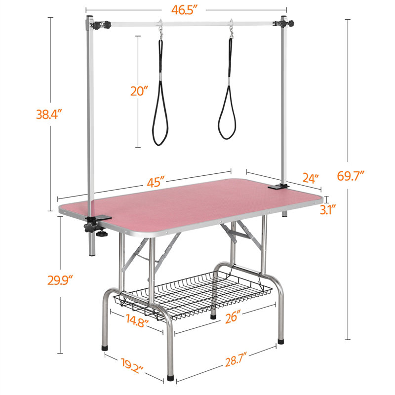69.7'' H x 46.5'' W x 24'' D Adjustable and Foldable Dog Folding Grooming Table, Pink