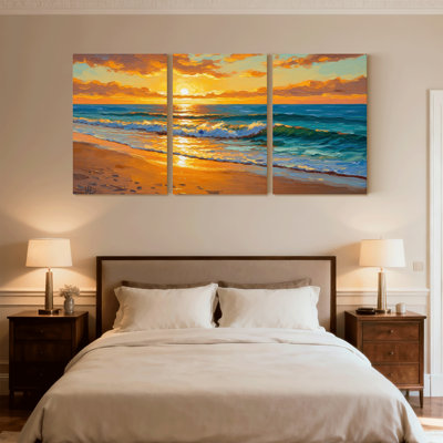 Nautique et plage coucher de soleil océan vagues plage ciel nuages sable clair ensemble de 3 impressions d'art sur toile