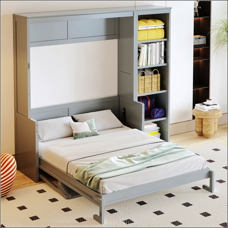 Lit escamotable double avec bureau et bibliothèque, Gris, Double