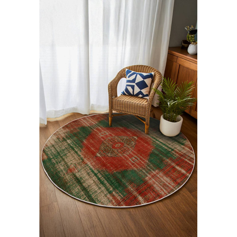 Anatolia Collection Digital Print Cotton-Polyester Green Red Oriental Rug, Round 4'