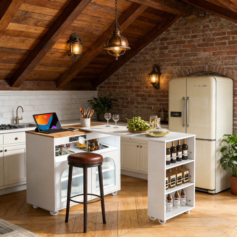 Rolling Kitchen Island with Extendable Table, LED Lighting, Power Outlets, and Fluted Glass Doors for Modern Kitchens., White