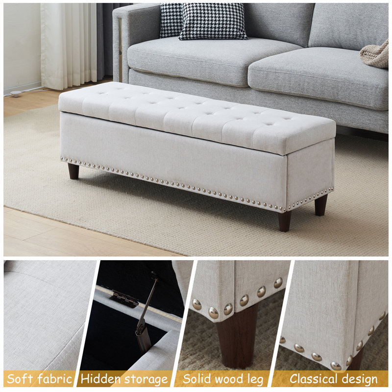 Amelda Upholstered Storage Bench, Beige 100% Linen