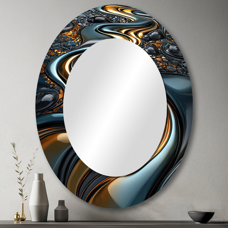 Tourbillon abstrait dans des tons dorés et noirs III - Miroir décoratif abstrait ovale sur métal, 43 po x 33 po