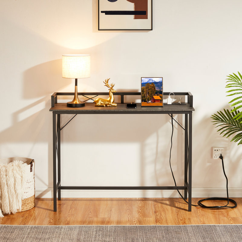 Ramsdell Console Table with Charging Station Behind Couch Table Skinny Narrow Sofa Entryway Table, Brown