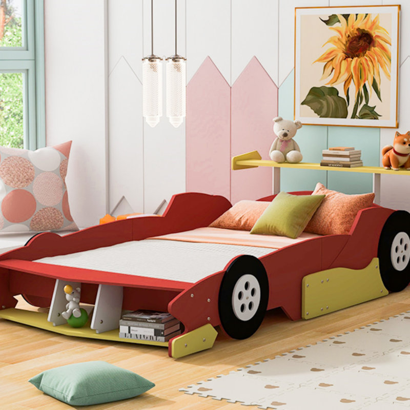 Full Size Race Car-Shaped Platform Bed, Red