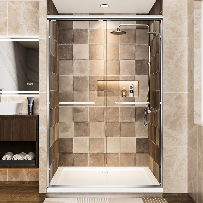 48" W X 72" H Double Sliding Shower Door With Aluminum Frame, 1/4"  6Mm  Tempered Glass And - Shatter Film, Stainless Steel Handles, Easy To Install In Bathroom Door, Clear Proof Dual Reversible
